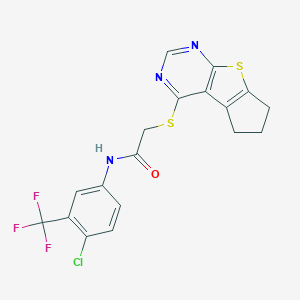 molecular formula C18H13ClF3N3OS2 B381104 N-[4-chloro-3-(trifluoromethyl)phenyl]-2-(6,7-dihydro-5H-cyclopenta[4,5]thieno[2,3-d]pyrimidin-4-ylsulfanyl)acetamide 