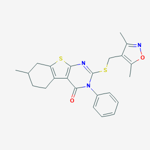 molecular formula C23H23N3O2S2 B381105 2-{[(3,5-dimethyl-4-isoxazolyl)methyl]sulfanyl}-7-methyl-3-phenyl-5,6,7,8-tetrahydro[1]benzothieno[2,3-d]pyrimidin-4(3H)-one 