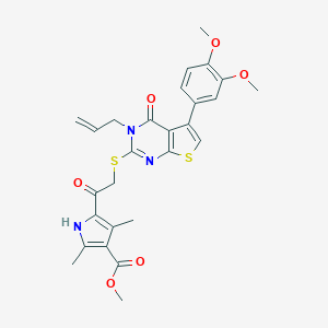 molecular formula C27H27N3O6S2 B381130 methyl 5-[2-[5-(3,4-dimethoxyphenyl)-4-oxo-3-prop-2-enylthieno[2,3-d]pyrimidin-2-yl]sulfanylacetyl]-2,4-dimethyl-1H-pyrrole-3-carboxylate 