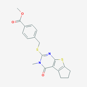 molecular formula C19H18N2O3S2 B381143 methyl 4-{[(3-methyl-4-oxo-3,5,6,7-tetrahydro-4H-cyclopenta[4,5]thieno[2,3-d]pyrimidin-2-yl)sulfanyl]methyl}benzoate CAS No. 315239-36-2