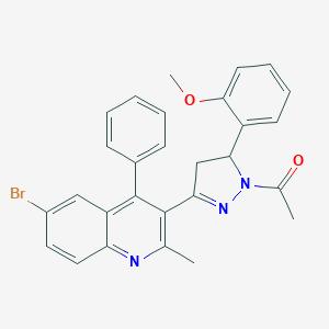 molecular formula C28H24BrN3O2 B381168 1-[5-(6-溴-2-甲基-4-苯基喹啉-3-基)-3-(2-甲氧基苯基)-3,4-二氢吡唑-2-基]乙酮 CAS No. 385405-69-6