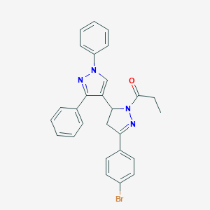 molecular formula C27H23BrN4O B381169 3-(4-bromophenyl)-5-(1,3-diphenyl-1H-pyrazol-4-yl)-1-propionyl-4,5-dihydro-1H-pyrazole 