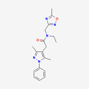 molecular formula C19H23N5O2 B3812246 2-(3,5-dimethyl-1-phenyl-1H-pyrazol-4-yl)-N-ethyl-N-[(5-methyl-1,2,4-oxadiazol-3-yl)methyl]acetamide 