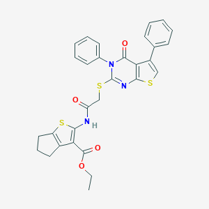 molecular formula C30H25N3O4S3 B381261 ethyl 2-({[(4-oxo-3,5-diphenyl-3,4-dihydrothieno[2,3-d]pyrimidin-2-yl)sulfanyl]acetyl}amino)-5,6-dihydro-4H-cyclopenta[b]thiophene-3-carboxylate 