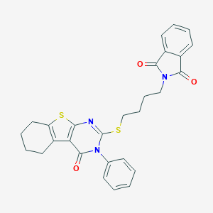 molecular formula C28H25N3O3S2 B381265 2-{4-[(4-oxo-3-phenyl-3,4,5,6,7,8-hexahydro[1]benzothieno[2,3-d]pyrimidin-2-yl)sulfanyl]butyl}-1H-isoindole-1,3(2H)-dione 