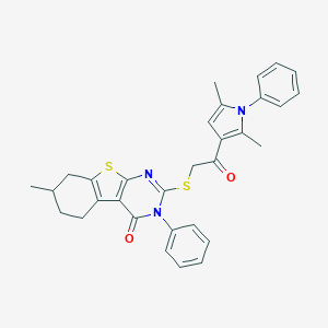 molecular formula C31H29N3O2S2 B381268 2-{[2-(2,5-dimethyl-1-phenyl-1H-pyrrol-3-yl)-2-oxoethyl]sulfanyl}-7-methyl-3-phenyl-5,6,7,8-tetrahydro[1]benzothieno[2,3-d]pyrimidin-4(3H)-one 