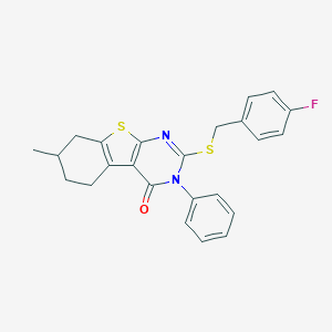 molecular formula C24H21FN2OS2 B381273 2-[(4-fluorobenzyl)sulfanyl]-7-methyl-3-phenyl-5,6,7,8-tetrahydro[1]benzothieno[2,3-d]pyrimidin-4(3H)-one 