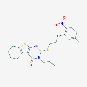 molecular formula C22H23N3O4S2 B381274 3-Allyl-2-{[2-(5-methyl-2-nitrophenoxy)ethyl]sulfanyl}-5,6,7,8-tetrahydro[1]benzothieno[2,3-D]pyrimidin-4(3H)-one 