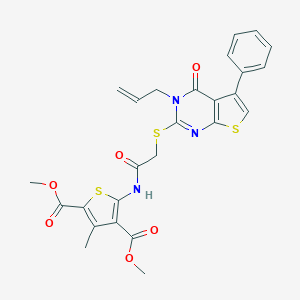 molecular formula C26H23N3O6S3 B381287 Dimethyl 5-({[(3-allyl-4-oxo-5-phenyl-3,4-dihydrothieno[2,3-d]pyrimidin-2-yl)sulfanyl]acetyl}amino)-3-methyl-2,4-thiophenedicarboxylate 