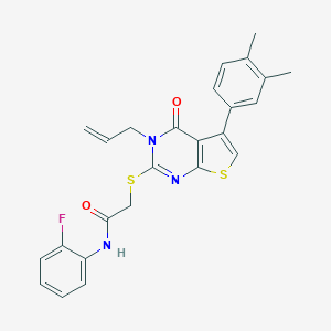 molecular formula C25H22FN3O2S2 B381291 2-{[3-allyl-5-(3,4-dimethylphenyl)-4-oxo-3,4-dihydrothieno[2,3-d]pyrimidin-2-yl]sulfanyl}-N-(2-fluorophenyl)acetamide 