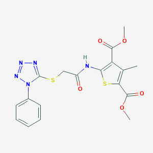 molecular formula C18H17N5O5S2 B381293 dimethyl 3-methyl-5-({[(1-phenyl-1H-tetraazol-5-yl)sulfanyl]acetyl}amino)-2,4-thiophenedicarboxylate 