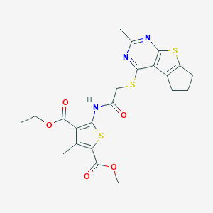 molecular formula C22H23N3O5S3 B381297 4-ethyl 2-methyl 3-methyl-5-(2-((2-methyl-6,7-dihydro-5H-cyclopenta[4,5]thieno[2,3-d]pyrimidin-4-yl)thio)acetamido)thiophene-2,4-dicarboxylate CAS No. 315708-46-4
