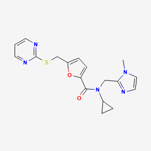 molecular formula C18H19N5O2S B3812991 N-cyclopropyl-N-[(1-methyl-1H-imidazol-2-yl)methyl]-5-[(pyrimidin-2-ylthio)methyl]-2-furamide 