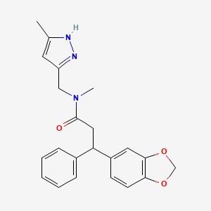 molecular formula C22H23N3O3 B3813136 3-(1,3-benzodioxol-5-yl)-N-methyl-N-[(5-methyl-1H-pyrazol-3-yl)methyl]-3-phenylpropanamide 