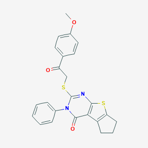 molecular formula C24H20N2O3S2 B381314 2-{[2-(4-methoxyphenyl)-2-oxoethyl]sulfanyl}-3-phenyl-3,5,6,7-tetrahydro-4H-cyclopenta[4,5]thieno[2,3-d]pyrimidin-4-one 