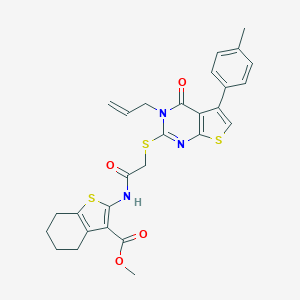 molecular formula C28H27N3O4S3 B381321 Methyl 2-[({[3-allyl-5-(4-methylphenyl)-4-oxo-3,4-dihydrothieno[2,3-d]pyrimidin-2-yl]sulfanyl}acetyl)amino]-4,5,6,7-tetrahydro-1-benzothiophene-3-carboxylate 