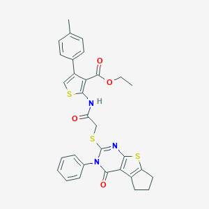 ethyl 4-(4-methylphenyl)-2-({[(4-oxo-3-phenyl-3,5,6,7-tetrahydro-4H-cyclopenta[4,5]thieno[2,3-d]pyrimidin-2-yl)sulfanyl]acetyl}amino)-3-thiophenecarboxylate