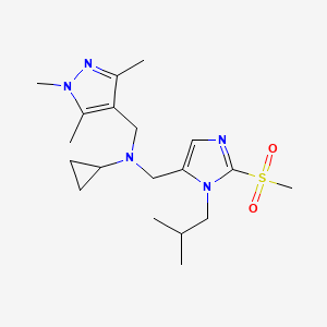 molecular formula C19H31N5O2S B3813222 N-{[1-isobutyl-2-(methylsulfonyl)-1H-imidazol-5-yl]methyl}-N-[(1,3,5-trimethyl-1H-pyrazol-4-yl)methyl]cyclopropanamine 