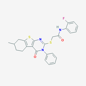 molecular formula C25H22FN3O2S2 B381325 N-(2-fluorophenyl)-2-[(7-methyl-4-oxo-3-phenyl-3,4,5,6,7,8-hexahydro[1]benzothieno[2,3-d]pyrimidin-2-yl)sulfanyl]acetamide 