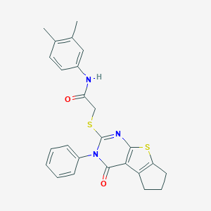 molecular formula C25H23N3O2S2 B381327 N-(3,4-dimethylphenyl)-2-[(4-oxo-3-phenyl-3,5,6,7-tetrahydro-4H-cyclopenta[4,5]thieno[2,3-d]pyrimidin-2-yl)sulfanyl]acetamide 