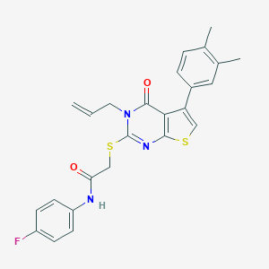 molecular formula C25H22FN3O2S2 B381332 2-{[3-allyl-5-(3,4-dimethylphenyl)-4-oxo-3,4-dihydrothieno[2,3-d]pyrimidin-2-yl]sulfanyl}-N-(4-fluorophenyl)acetamide 