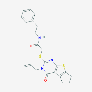 molecular formula C22H23N3O2S2 B381333 2-{[12-oxo-11-(prop-2-en-1-yl)-7-thia-9,11-diazatricyclo[6.4.0.0^{2,6}]dodeca-1(8),2(6),9-trien-10-yl]sulfanyl}-N-(2-phenylethyl)acetamide CAS No. 315710-47-5