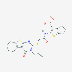 molecular formula C24H25N3O4S3 B381334 methyl 2-({[(3-allyl-4-oxo-3,4,5,6,7,8-hexahydro[1]benzothieno[2,3-d]pyrimidin-2-yl)sulfanyl]acetyl}amino)-5,6-dihydro-4H-cyclopenta[b]thiophene-3-carboxylate 