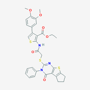 molecular formula C32H29N3O6S3 B381335 ethyl 4-(3,4-dimethoxyphenyl)-2-({[(4-oxo-3-phenyl-3,5,6,7-tetrahydro-4H-cyclopenta[4,5]thieno[2,3-d]pyrimidin-2-yl)sulfanyl]acetyl}amino)-3-thiophenecarboxylate 