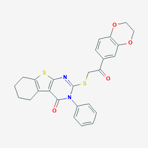 molecular formula C26H22N2O4S2 B381340 2-{[2-(2,3-dihydro-1,4-benzodioxin-6-yl)-2-oxoethyl]sulfanyl}-3-phenyl-5,6,7,8-tetrahydro[1]benzothieno[2,3-d]pyrimidin-4(3H)-one 