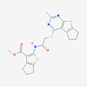 molecular formula C21H21N3O3S3 B381342 methyl 2-({[(2-methyl-6,7-dihydro-5H-cyclopenta[4,5]thieno[2,3-d]pyrimidin-4-yl)sulfanyl]acetyl}amino)-5,6-dihydro-4H-cyclopenta[b]thiophene-3-carboxylate 