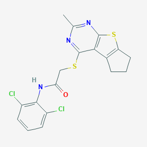 molecular formula C18H15Cl2N3OS2 B381343 N-(2,6-dichlorophenyl)-2-({10-methyl-7-thia-9,11-diazatricyclo[6.4.0.0^{2,6}]dodeca-1(8),2(6),9,11-tetraen-12-yl}sulfanyl)acetamide CAS No. 315711-71-8