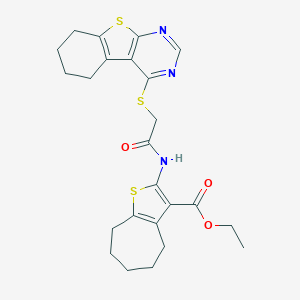 molecular formula C24H27N3O3S3 B381345 ethyl 2-{[(5,6,7,8-tetrahydro[1]benzothieno[2,3-d]pyrimidin-4-ylsulfanyl)acetyl]amino}-5,6,7,8-tetrahydro-4H-cyclohepta[b]thiophene-3-carboxylate 