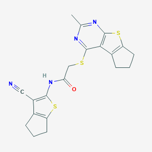 molecular formula C20H18N4OS3 B381349 N-(3-cyano-5,6-dihydro-4H-cyclopenta[b]thien-2-yl)-2-[(2-methyl-6,7-dihydro-5H-cyclopenta[4,5]thieno[2,3-d]pyrimidin-4-yl)sulfanyl]acetamide CAS No. 374693-25-1