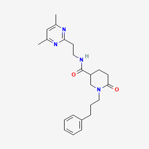 molecular formula C23H30N4O2 B3813512 N-[2-(4,6-dimethyl-2-pyrimidinyl)ethyl]-6-oxo-1-(3-phenylpropyl)-3-piperidinecarboxamide 