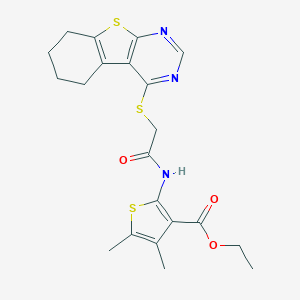 molecular formula C21H23N3O3S3 B381359 Ethyl 4,5-dimethyl-2-[[2-(5,6,7,8-tetrahydro-[1]benzothiolo[2,3-d]pyrimidin-4-ylsulfanyl)acetyl]amino]thiophene-3-carboxylate CAS No. 315711-17-2