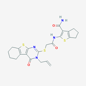 molecular formula C23H24N4O3S3 B381360 2-({[(3-allyl-4-oxo-3,4,5,6,7,8-hexahydro[1]benzothieno[2,3-d]pyrimidin-2-yl)sulfanyl]acetyl}amino)-5,6-dihydro-4H-cyclopenta[b]thiophene-3-carboxamide 