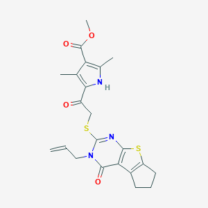 methyl 2,4-dimethyl-5-(2-{[12-oxo-11-(prop-2-en-1-yl)-7-thia-9,11-diazatricyclo[6.4.0.0^{2,6}]dodeca-1(8),2(6),9-trien-10-yl]sulfanyl}acetyl)-1H-pyrrole-3-carboxylate