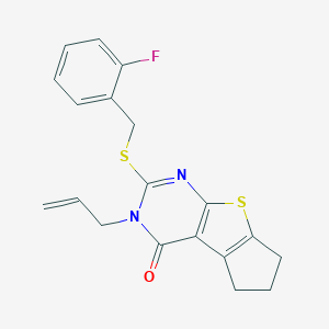 molecular formula C19H17FN2OS2 B381368 10-{[(2-Fluorophenyl)methyl]sulfanyl}-11-(prop-2-en-1-yl)-7-thia-9,11-diazatricyclo[6.4.0.0^{2,6}]dodeca-1(8),2(6),9-trien-12-one CAS No. 315710-88-4