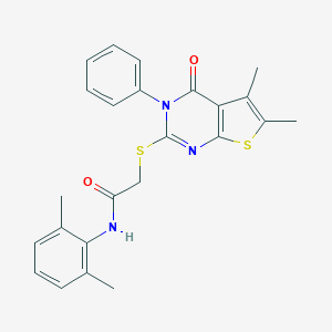 molecular formula C24H23N3O2S2 B381369 2-[(5,6-dimethyl-4-oxo-3-phenyl-3,4-dihydrothieno[2,3-d]pyrimidin-2-yl)sulfanyl]-N-(2,6-dimethylphenyl)acetamide 