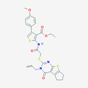 molecular formula C28H27N3O5S3 B381371 ethyl 2-({[(3-allyl-4-oxo-3,5,6,7-tetrahydro-4H-cyclopenta[4,5]thieno[2,3-d]pyrimidin-2-yl)sulfanyl]acetyl}amino)-4-(4-methoxyphenyl)-3-thiophenecarboxylate CAS No. 315710-65-7