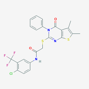 molecular formula C23H17ClF3N3O2S2 B381372 N-[4-chloro-3-(trifluoromethyl)phenyl]-2-[(5,6-dimethyl-4-oxo-3-phenyl-3,4-dihydrothieno[2,3-d]pyrimidin-2-yl)sulfanyl]acetamide 