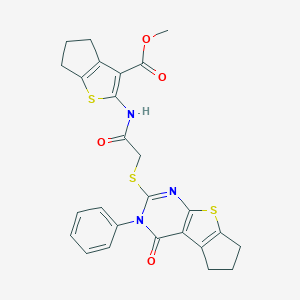 molecular formula C26H23N3O4S3 B381373 methyl 2-({[(4-oxo-3-phenyl-3,5,6,7-tetrahydro-4H-cyclopenta[4,5]thieno[2,3-d]pyrimidin-2-yl)sulfanyl]acetyl}amino)-5,6-dihydro-4H-cyclopenta[b]thiophene-3-carboxylate 