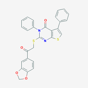 molecular formula C27H18N2O4S2 B381374 2-{[2-(1,3-benzodioxol-5-yl)-2-oxoethyl]thio}-3,5-diphenylthieno[2,3-d]pyrimidin-4(3H)-one 