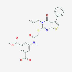 molecular formula C27H23N3O6S2 B381378 Dimethyl 5-({[(3-allyl-4-oxo-5-phenyl-3,4-dihydrothieno[2,3-d]pyrimidin-2-yl)sulfanyl]acetyl}amino)isophthalate 