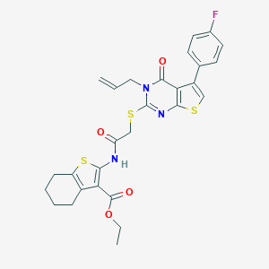 molecular formula C28H26FN3O4S3 B381381 Ethyl 2-[({[3-allyl-5-(4-fluorophenyl)-4-oxo-3,4-dihydrothieno[2,3-d]pyrimidin-2-yl]sulfanyl}acetyl)amino]-4,5,6,7-tetrahydro-1-benzothiophene-3-carboxylate 