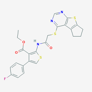 molecular formula C24H20FN3O3S3 B381388 Ethyl 4-(4-fluorophenyl)-2-(2-{7-thia-9,11-diazatricyclo[6.4.0.0^{2,6}]dodeca-1(8),2(6),9,11-tetraen-12-ylsulfanyl}acetamido)thiophene-3-carboxylate CAS No. 315711-35-4