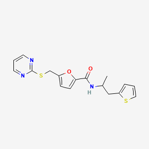 molecular formula C17H17N3O2S2 B3813908 N-[1-methyl-2-(2-thienyl)ethyl]-5-[(pyrimidin-2-ylthio)methyl]-2-furamide 