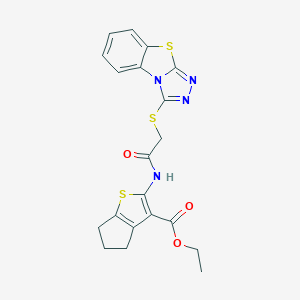 molecular formula C20H18N4O3S3 B381392 ethyl 2-{[([1,2,4]triazolo[3,4-b][1,3]benzothiazol-3-ylsulfanyl)acetyl]amino}-5,6-dihydro-4H-cyclopenta[b]thiophene-3-carboxylate 