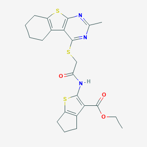 molecular formula C23H25N3O3S3 B381394 ethyl 2-({[(2-methyl-5,6,7,8-tetrahydro[1]benzothieno[2,3-d]pyrimidin-4-yl)sulfanyl]acetyl}amino)-5,6-dihydro-4H-cyclopenta[b]thiophene-3-carboxylate 