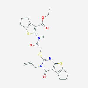 molecular formula C24H25N3O4S3 B381402 ethyl 2-({[(3-allyl-4-oxo-3,5,6,7-tetrahydro-4H-cyclopenta[4,5]thieno[2,3-d]pyrimidin-2-yl)sulfanyl]acetyl}amino)-5,6-dihydro-4H-cyclopenta[b]thiophene-3-carboxylate 